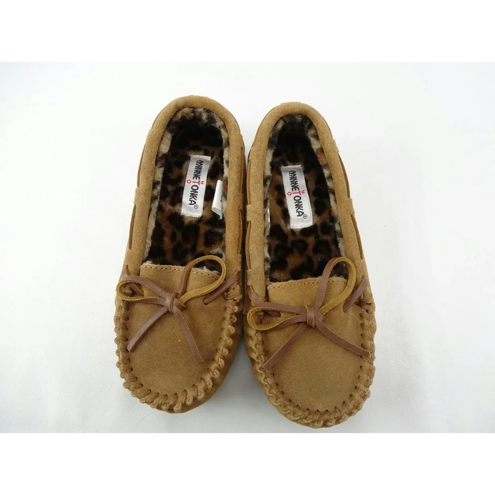 Minnetonka Cute‎ Girl's Faux Leopard Fur Lined Brown Slipper 48273 Youth Size 13